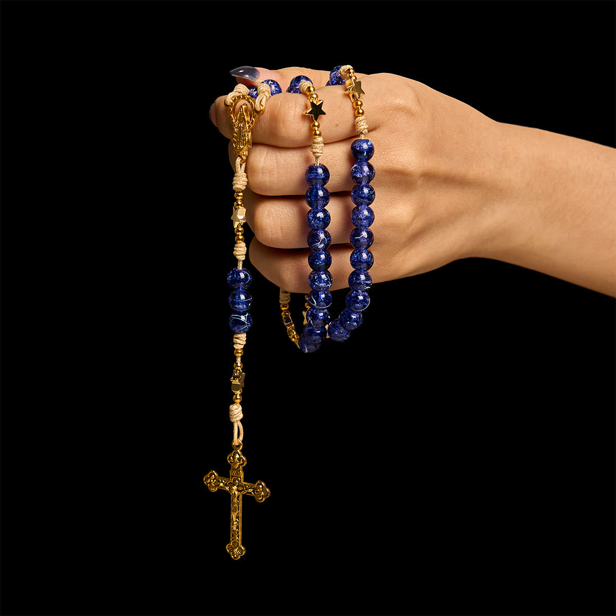 Elegant Blue Bead with Glittering Star Christmas Rosary: Illuminate Holiday Spirit
