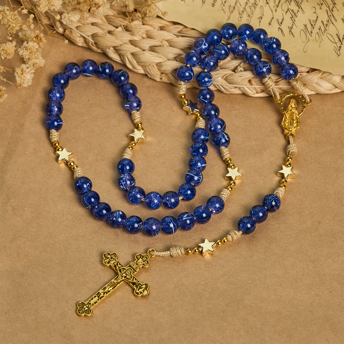 Elegant Blue Bead with Glittering Star Christmas Rosary: Illuminate Holiday Spirit