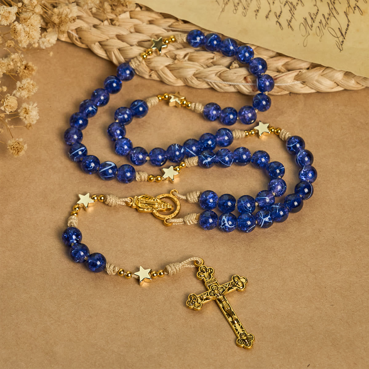 Elegant Blue Bead with Glittering Star Christmas Rosary: Illuminate Holiday Spirit