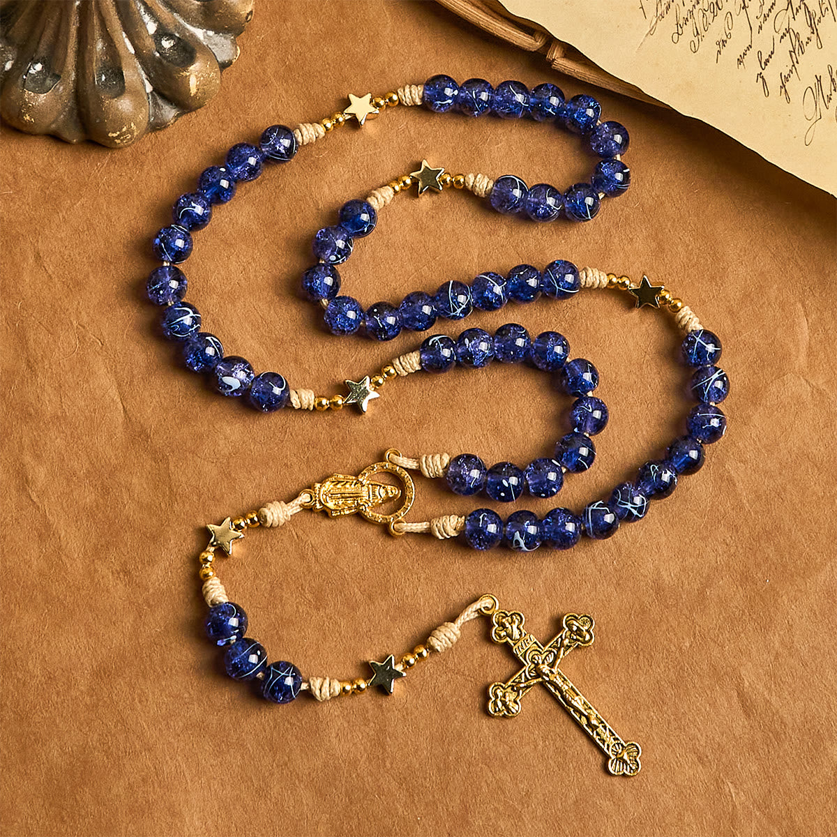 Elegant Blue Bead with Glittering Star Christmas Rosary: Illuminate Holiday Spirit