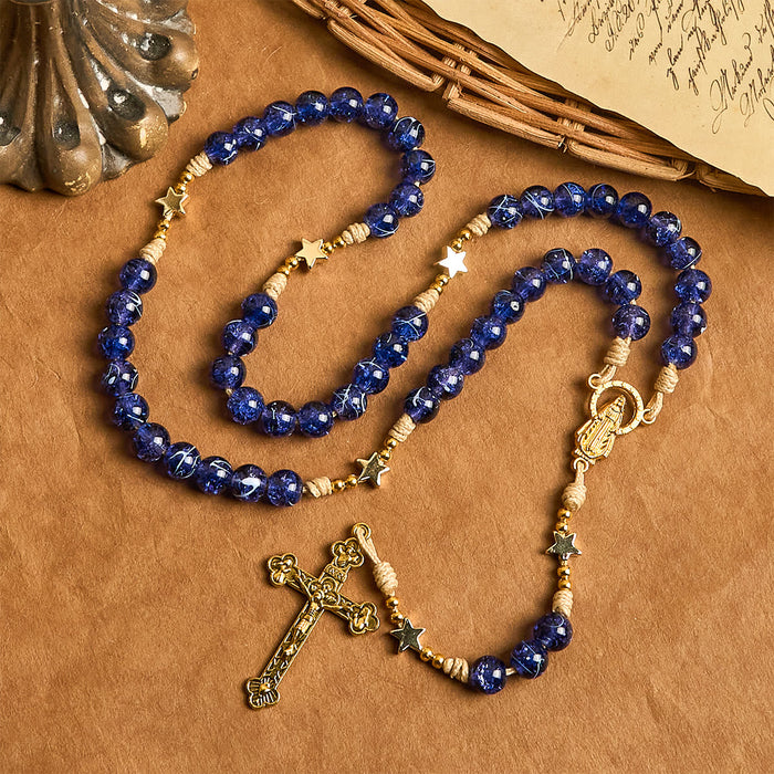 Elegant Blue Bead with Glittering Star Christmas Rosary: Illuminate Holiday Spirit