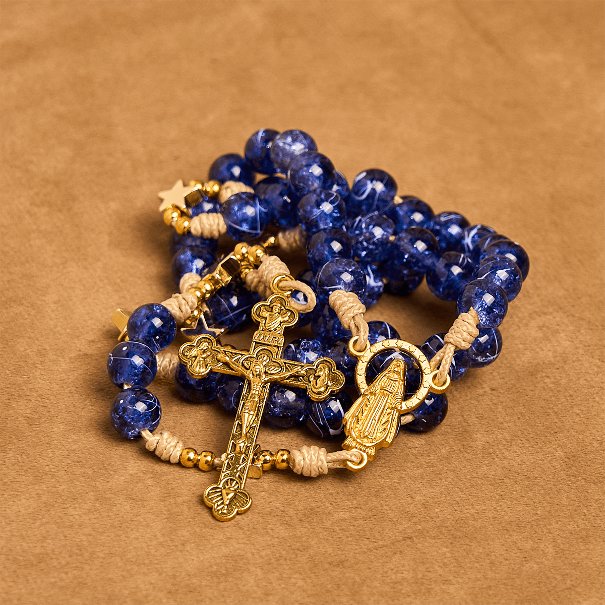 Elegant Blue Bead with Glittering Star Christmas Rosary: Illuminate Holiday Spirit