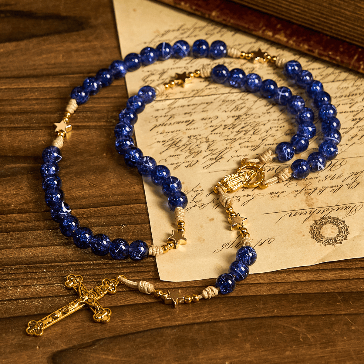 Elegant Blue Bead with Glittering Star Christmas Rosary: Illuminate Holiday Spirit
