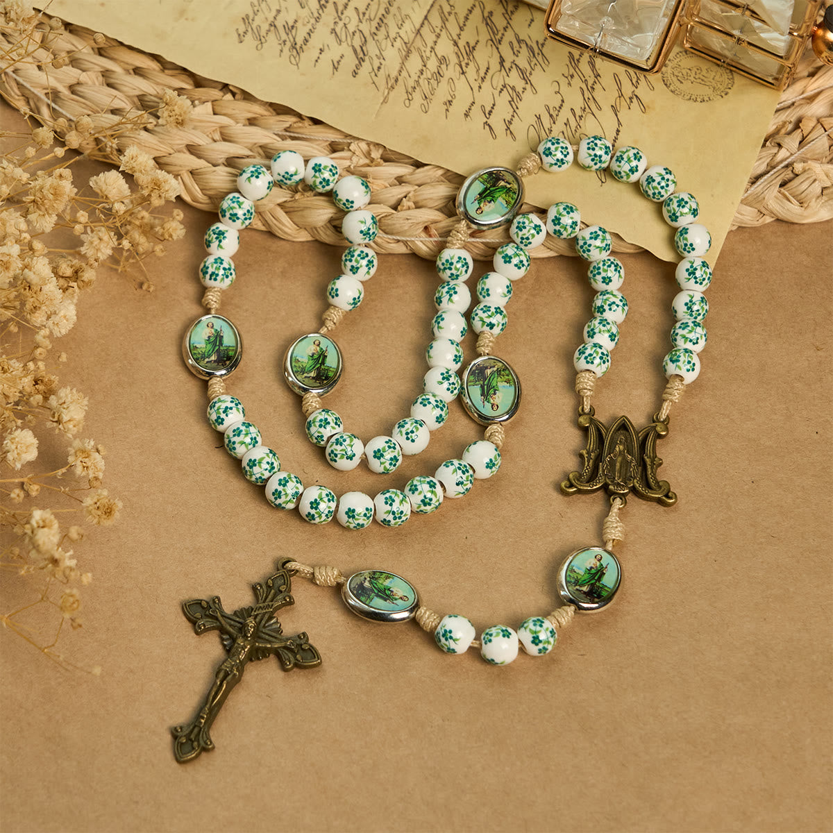 Graceful Green Floral Beads Marian Rosary with St. Jude Charm