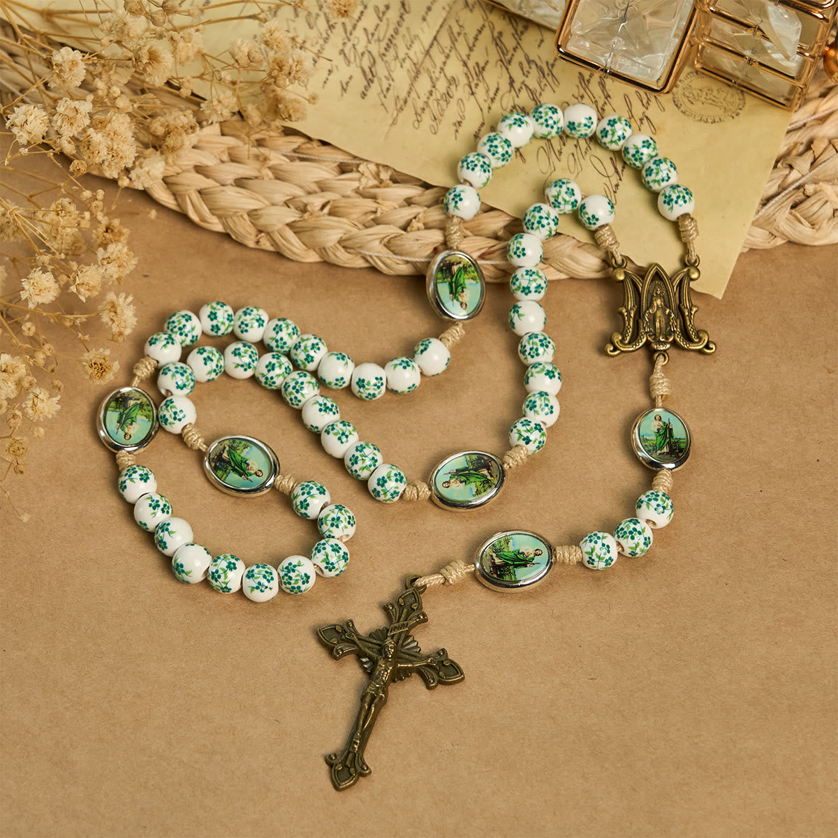 Graceful Green Floral Beads Marian Rosary with St. Jude Charm