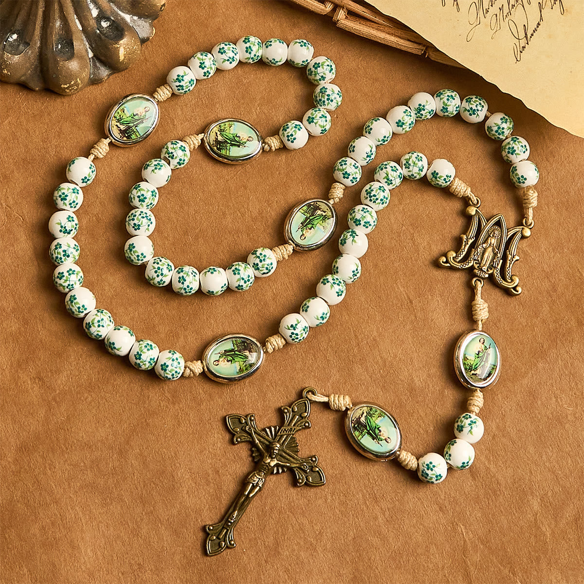 Graceful Green Floral Beads Marian Rosary with St. Jude Charm