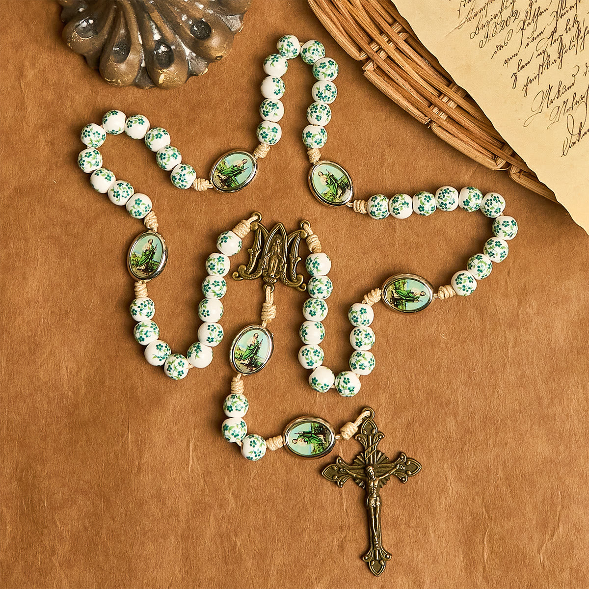 Graceful Green Floral Beads Marian Rosary with St. Jude Charm