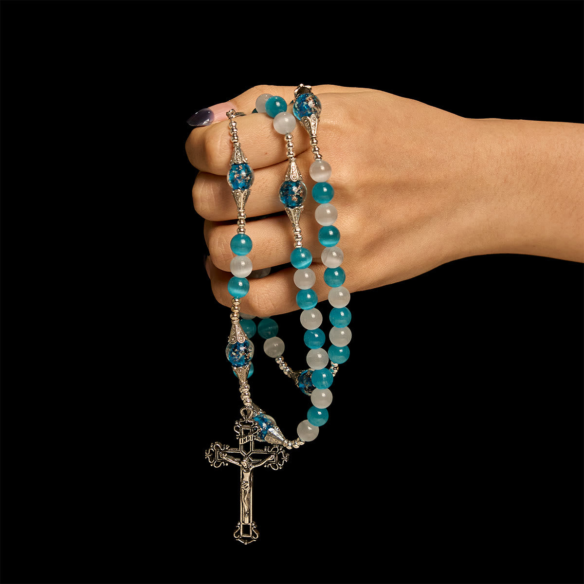Glittering Cat's Eye Stone & Blue Star Glass Rosary with Sacred Heart