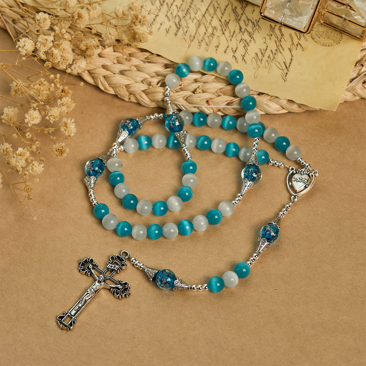 Glittering Cat's Eye Stone & Blue Star Glass Rosary with Sacred Heart