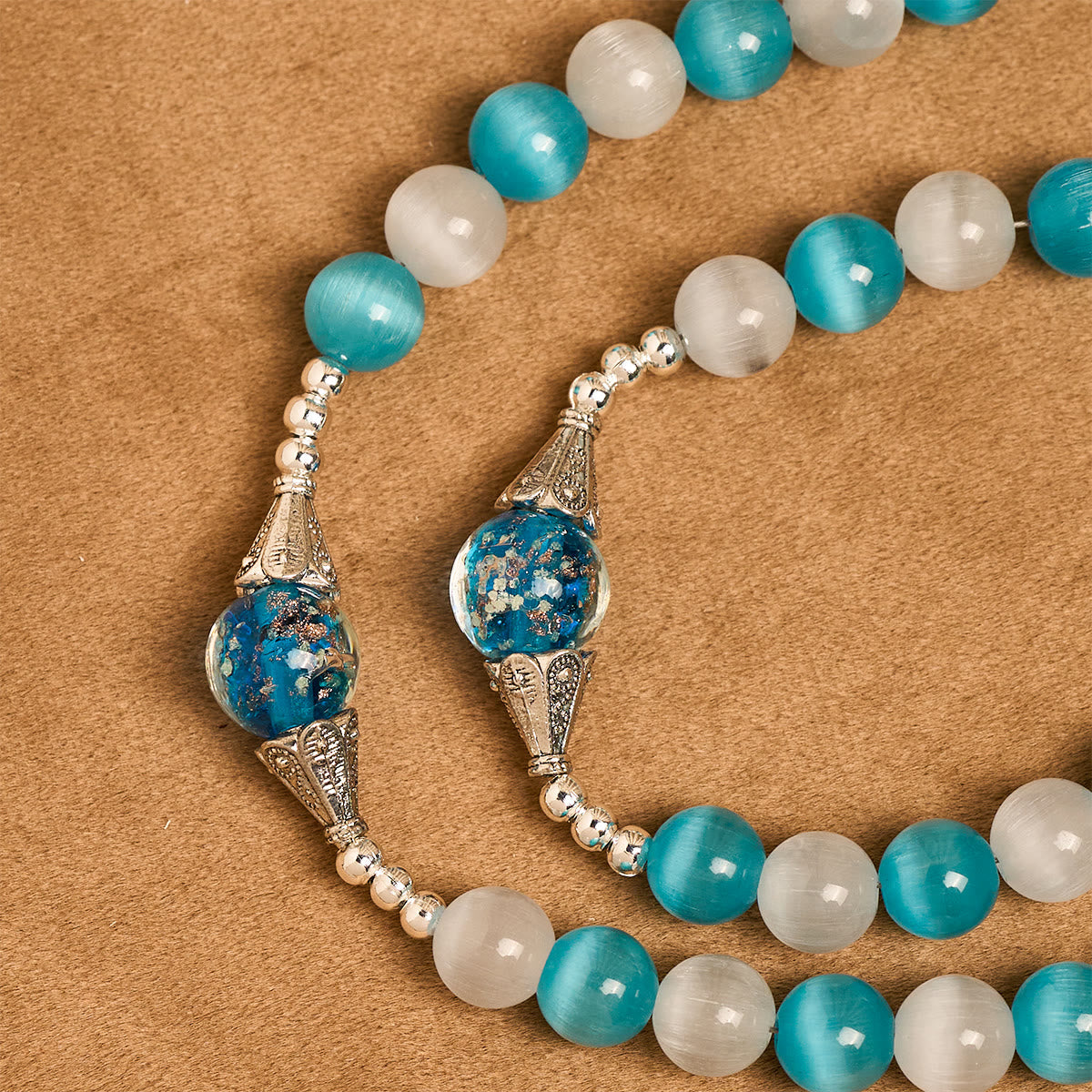 Glittering Cat's Eye Stone & Blue Star Glass Rosary with Sacred Heart