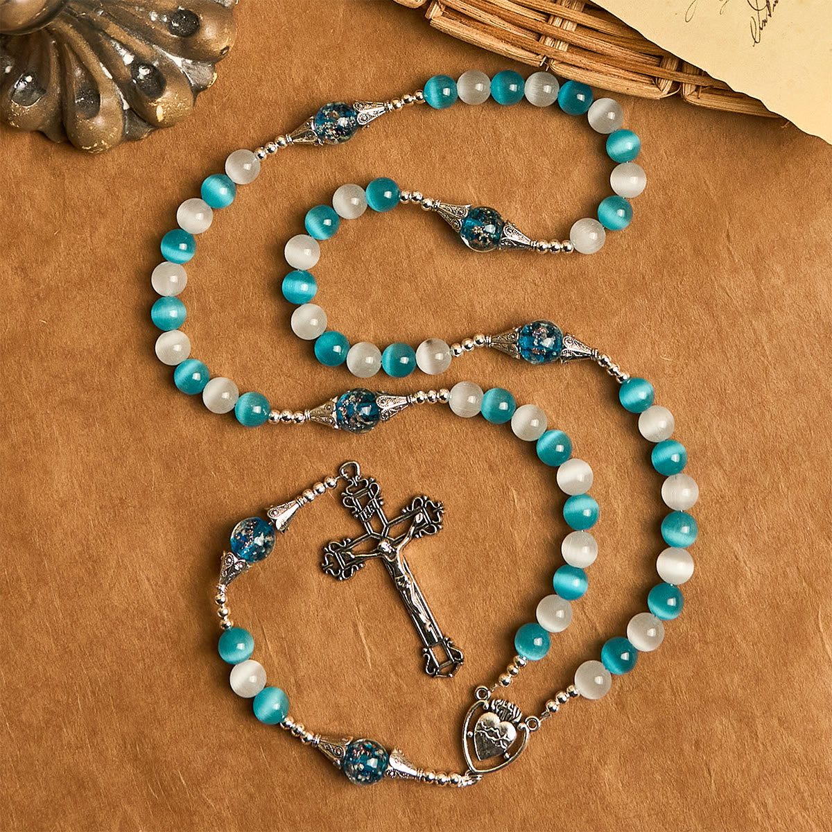 Glittering Cat's Eye Stone & Blue Star Glass Rosary with Sacred Heart