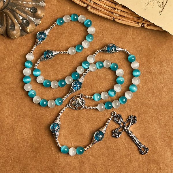 Glittering Cat's Eye Stone & Blue Star Glass Rosary with Sacred Heart