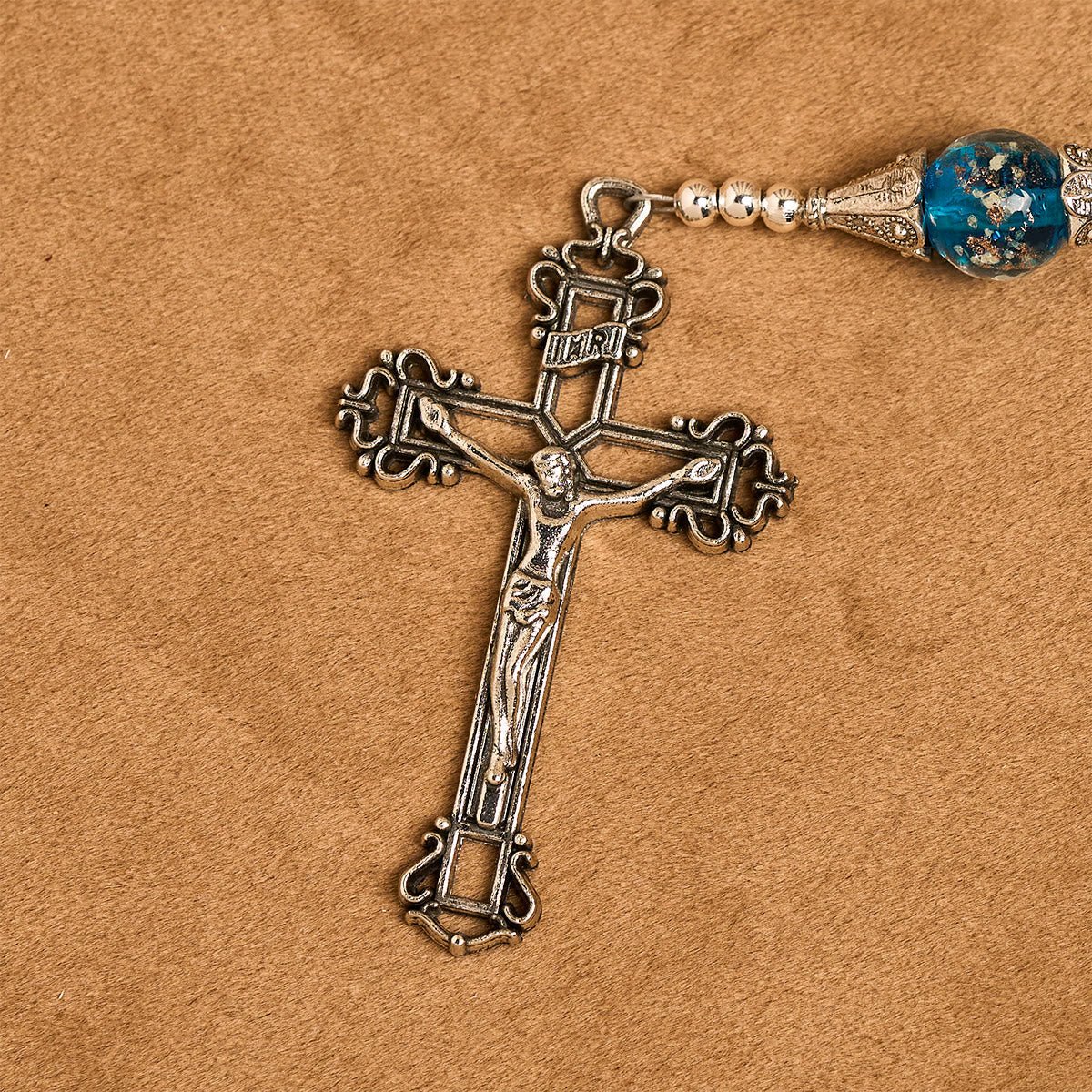 Glittering Cat's Eye Stone & Blue Star Glass Rosary with Sacred Heart