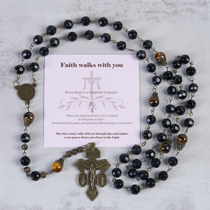 "Faith walks with you" Vintage Obsidian Tiger Eye Beads Rosary with Pardon Crucifix & St. Benedict