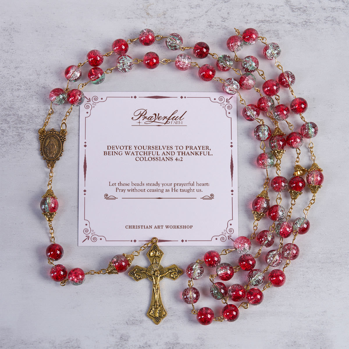 PRAYERFUL FAITH: Christmas-Themed Red Bead Rosary with Golden Crucifix & Madonna Medal