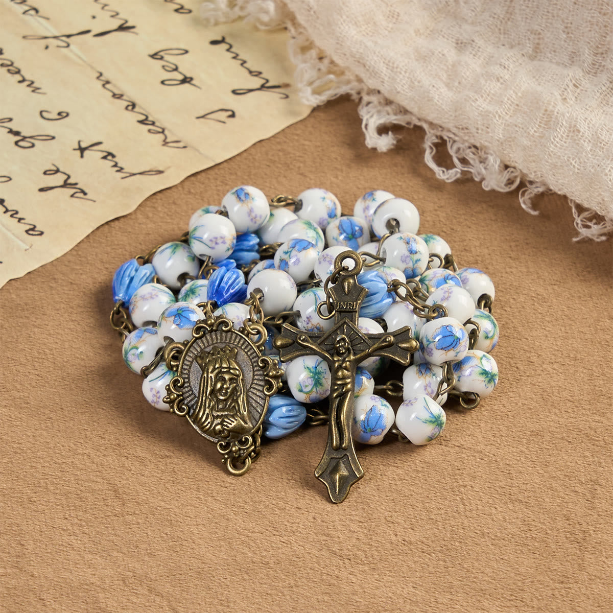 Immaculate Heart of Mary & Crucifix of 8 mm Round Floral Acrylic Alloy Chain Rosary