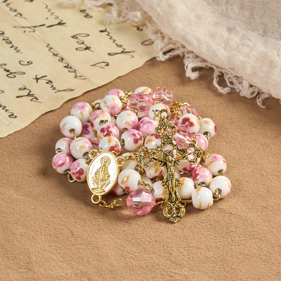 Miraculous Medal & Crucifix of 8 mm Round Floral Pink Ceramic Alloy Chain Rosary