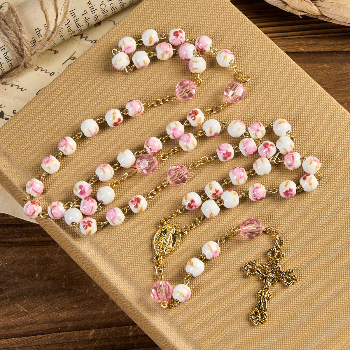 Miraculous Medal & Crucifix of 8 mm Round Floral Pink Ceramic Alloy Chain Rosary