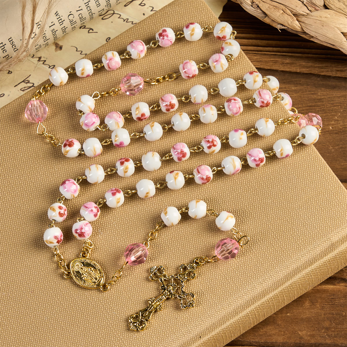 Miraculous Medal & Crucifix of 8 mm Round Floral Pink Ceramic Alloy Chain Rosary