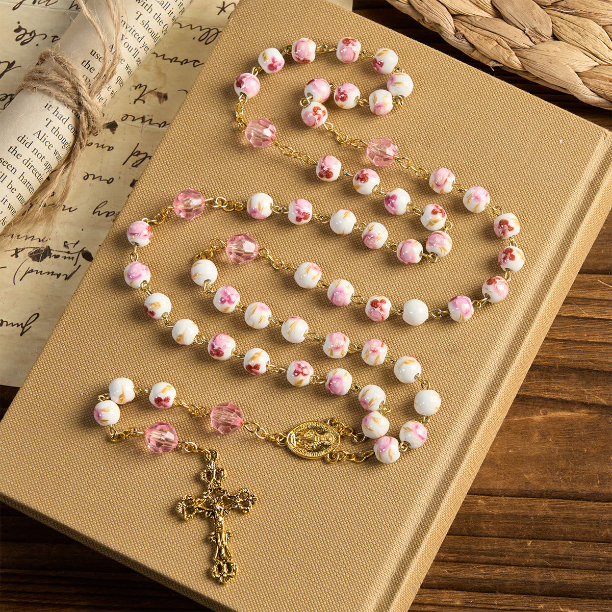 Miraculous Medal & Crucifix of 8 mm Round Floral Pink Ceramic Alloy Chain Rosary