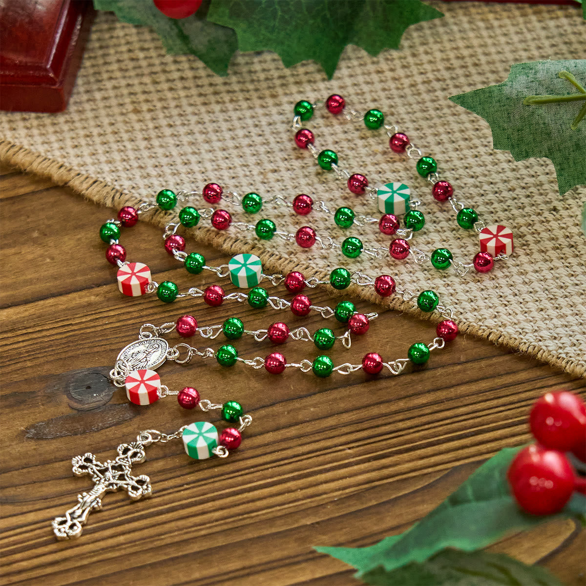 Festive Christmas Rosary: Red - Green Beads, Candy Shapes & Crucifix