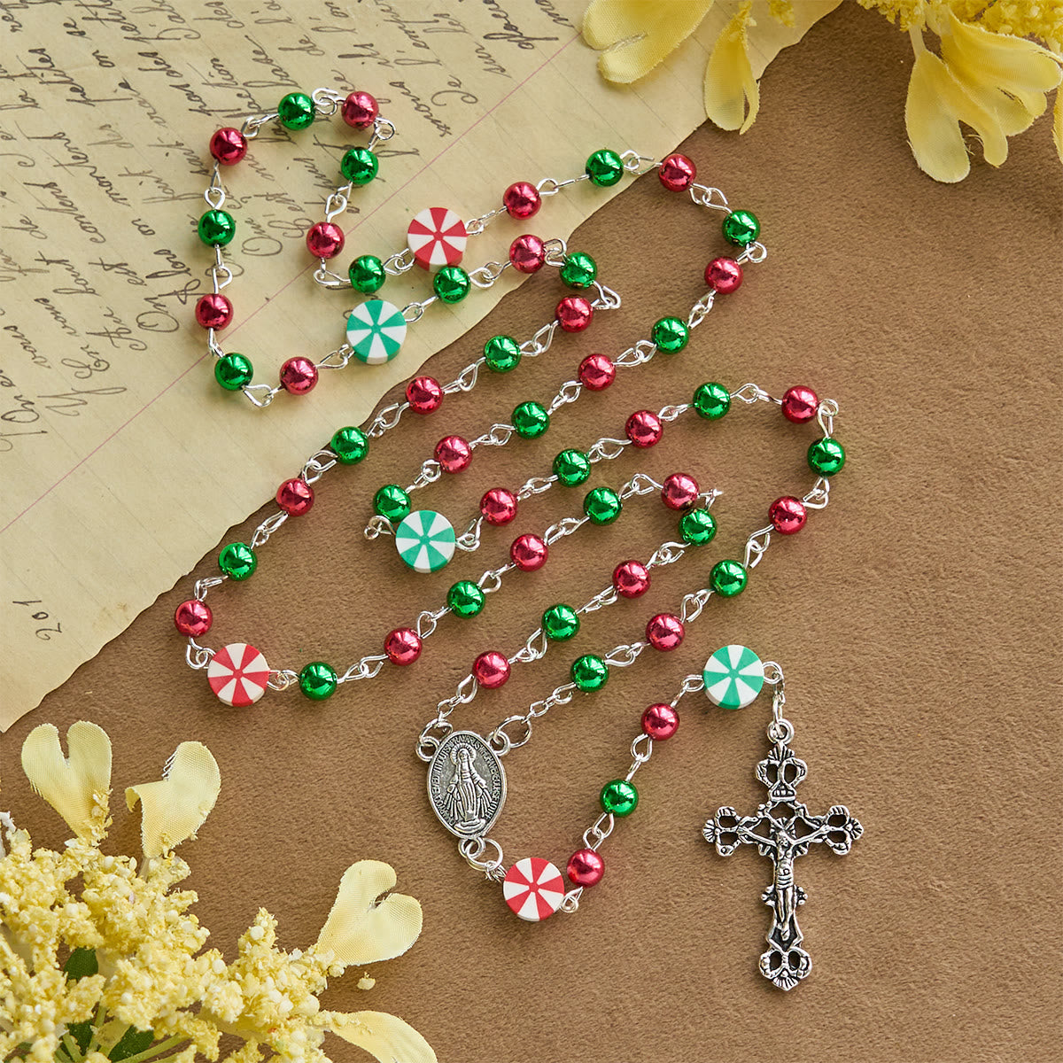 Festive Christmas Rosary: Red - Green Beads, Candy Shapes & Crucifix