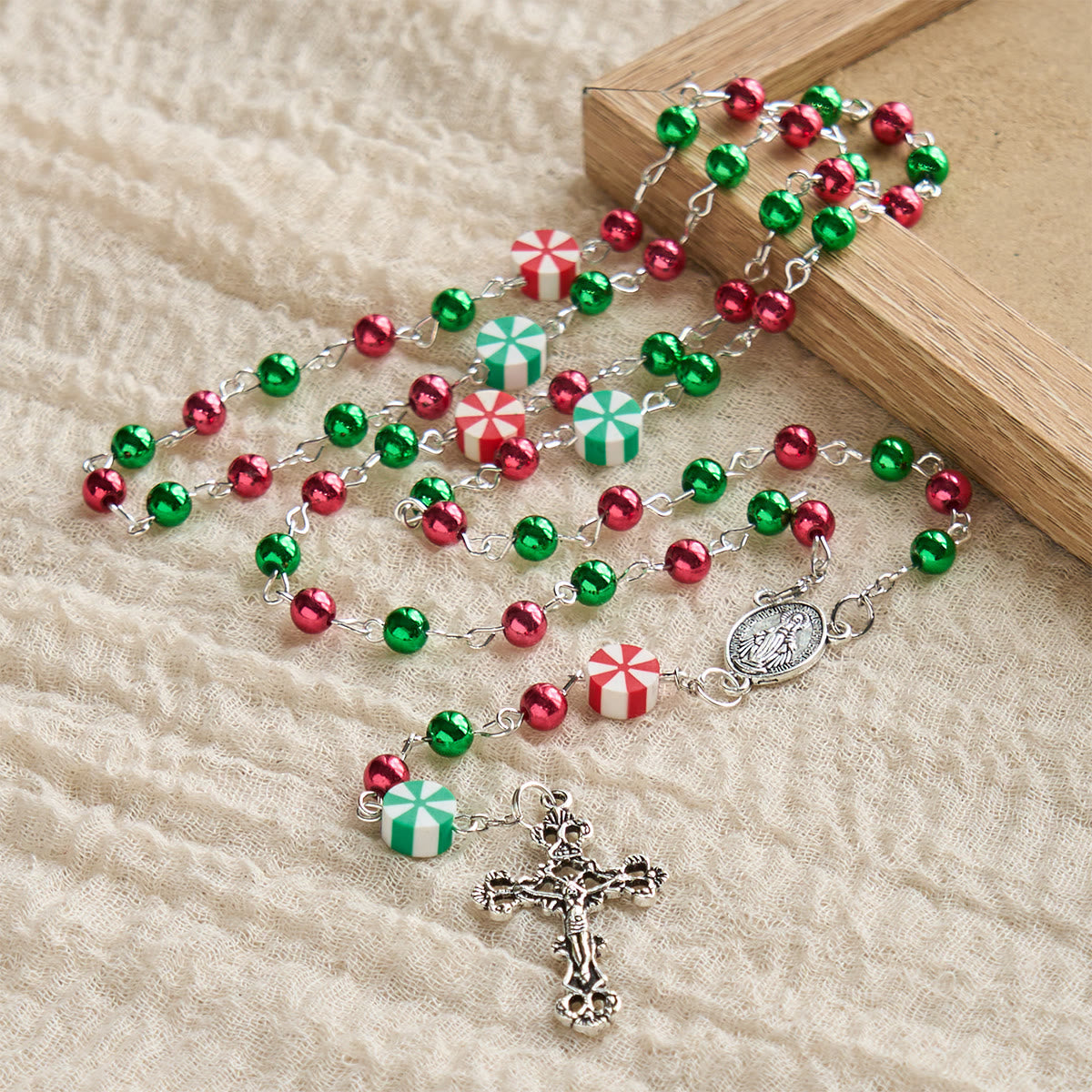 Christmas Gift: Festive Christmas Rosary: Red - Green Beads, Candy Shapes & Crucifix