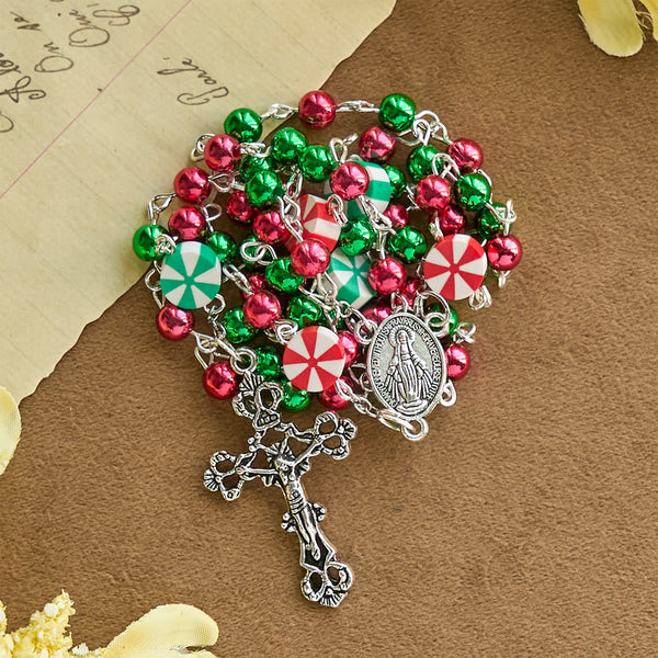Festive Christmas Rosary: Red - Green Beads, Candy Shapes & Crucifix