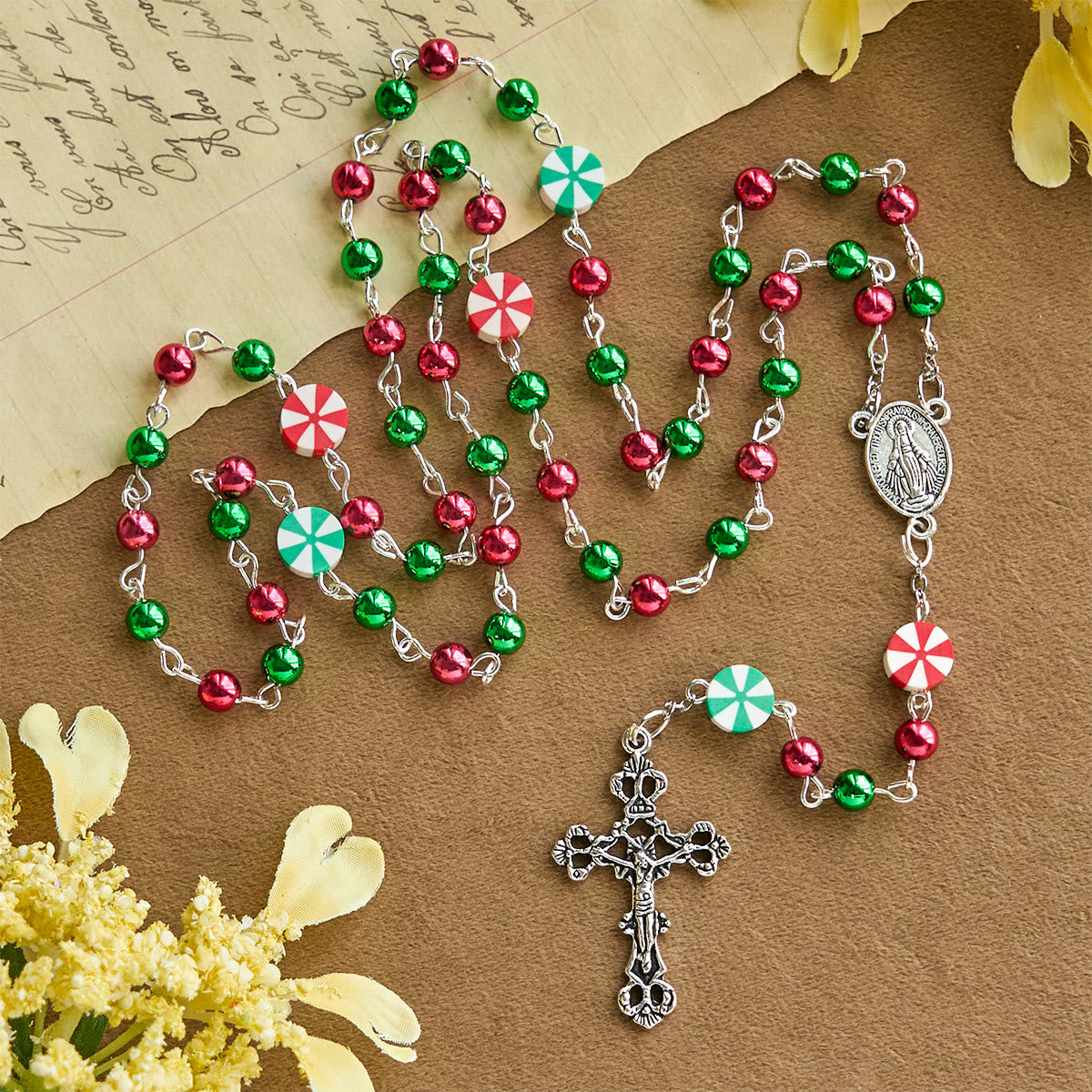 Christmas Gift: Festive Christmas Rosary: Red - Green Beads, Candy Shapes & Crucifix