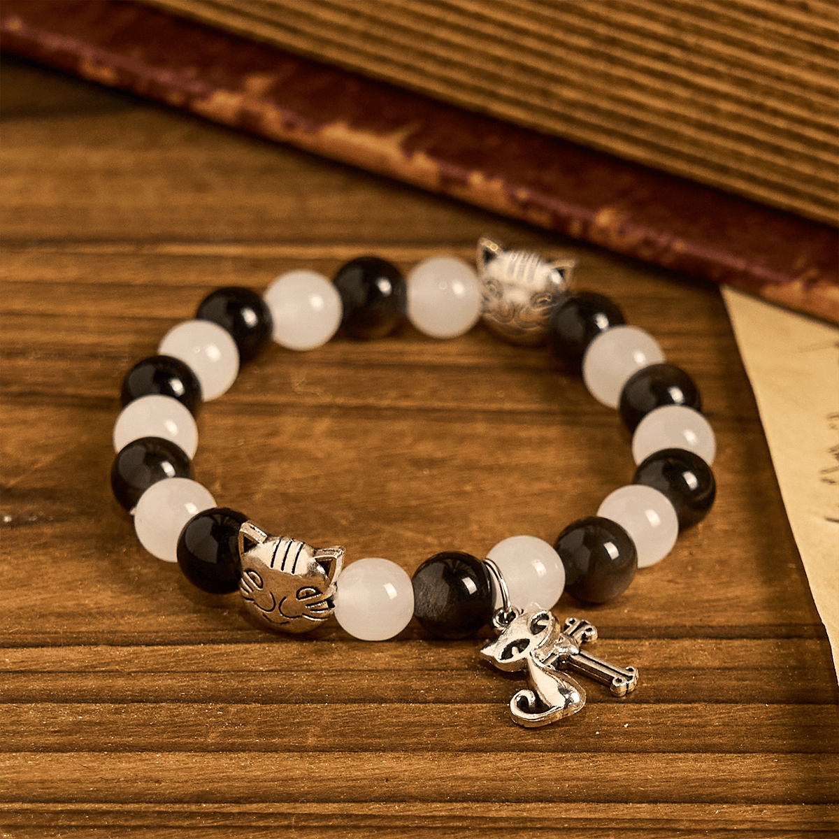 Our Lady's Blessing with Black & White Cow Cat Beads Animal Bracelet