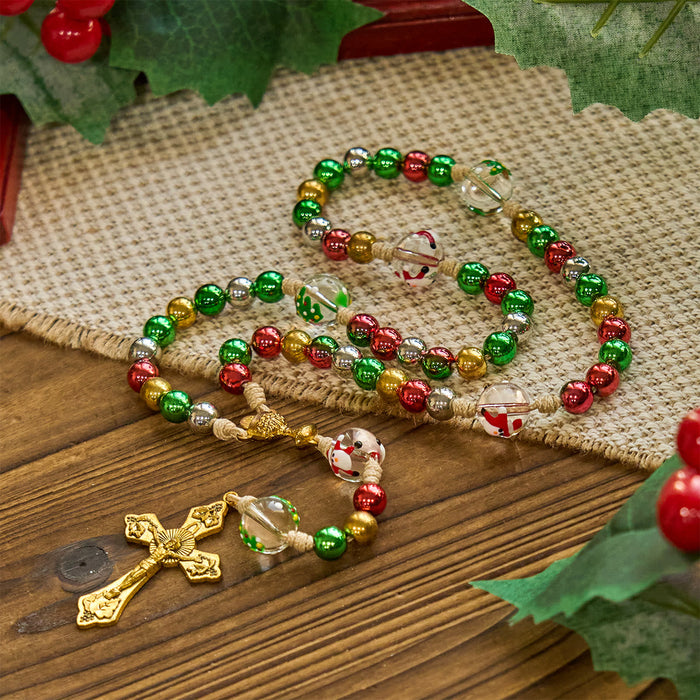 Christmas Atmosphere Rosary: Colorful Beads & Ornate Golden Crucifix