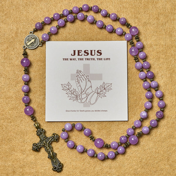 Thanksgiving Gift: Purple Garnet Chalcedony Rosary with Crucifix & St. Benedict: Graceful Spiritual Bond