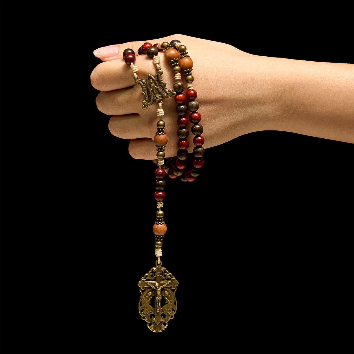 Traditoinal Christmas-Style Wooden Rosary: Earthy Beads & Bronze Crucifix