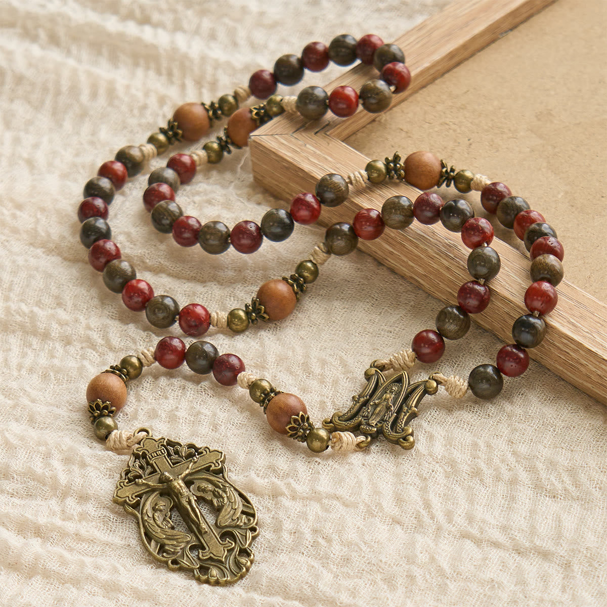 Traditoinal Christmas-Style Wooden Rosary: Earthy Beads & Bronze Crucifix