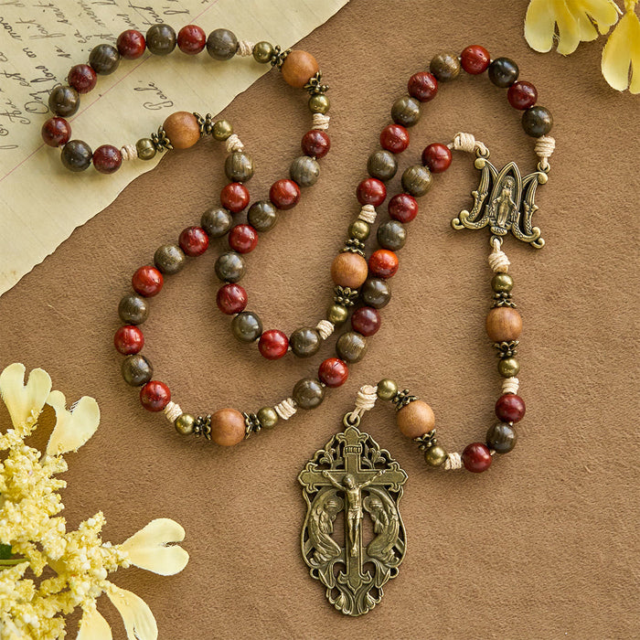 Traditoinal Christmas-Style Wooden Rosary: Earthy Beads & Bronze Crucifix