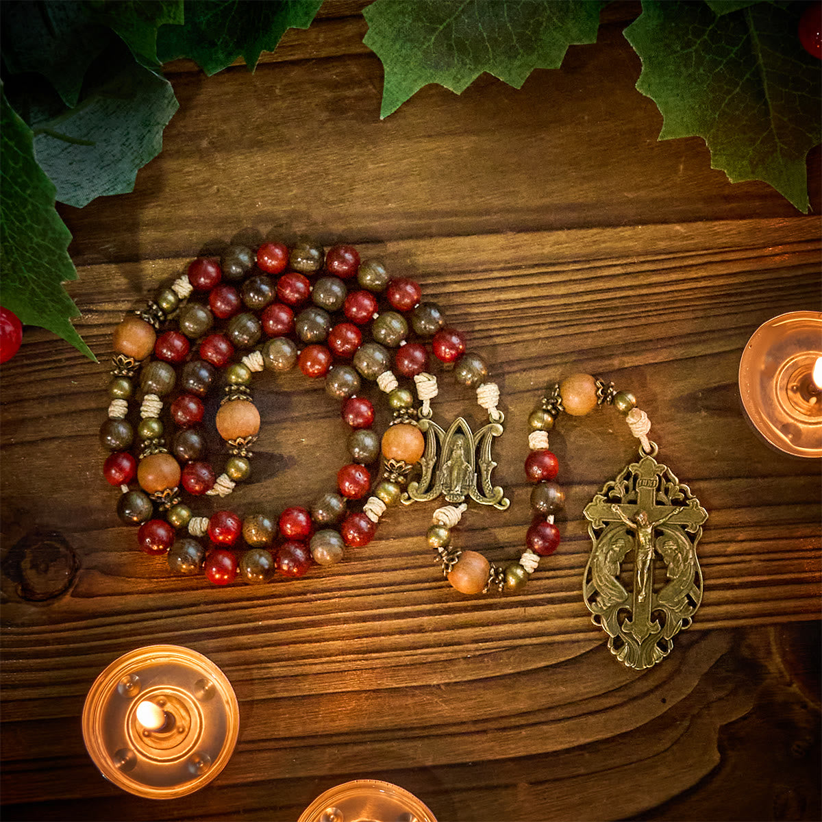 Traditoinal Christmas-Style Wooden Rosary: Earthy Beads & Bronze Crucifix