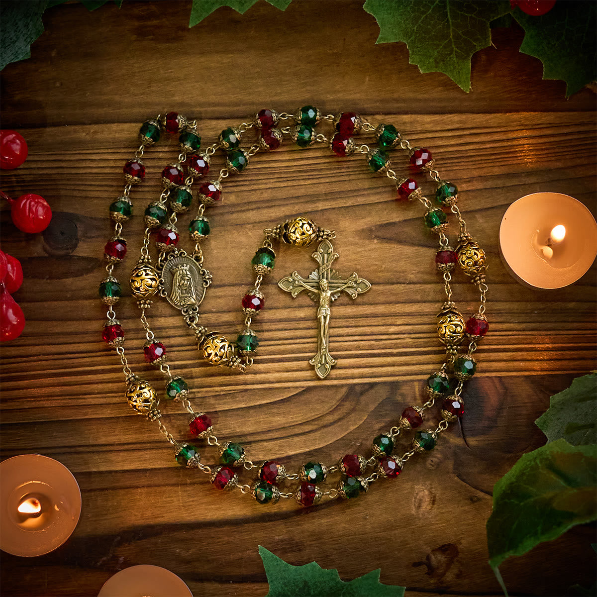 Joy of Christmas Red & Green Festive Beads Rosary with Virgin Mary