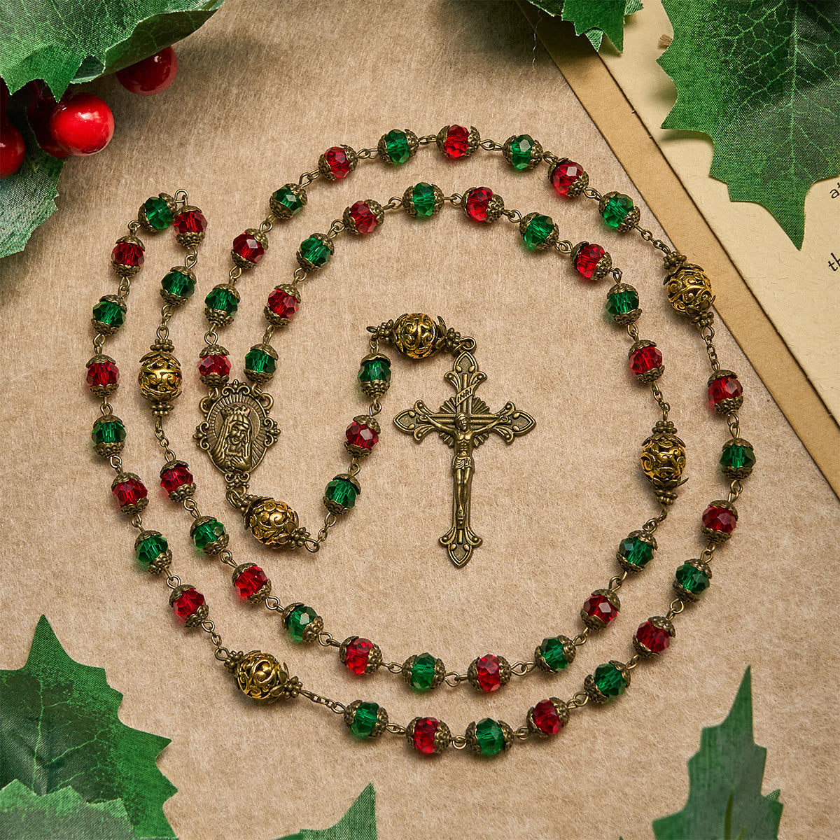 Joy of Christmas Red & Green Festive Beads Rosary with Virgin Mary