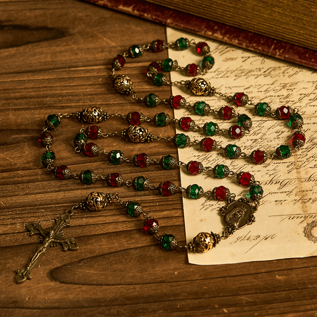 Joy of Christmas Red & Green Festive Beads Rosary with Virgin Mary