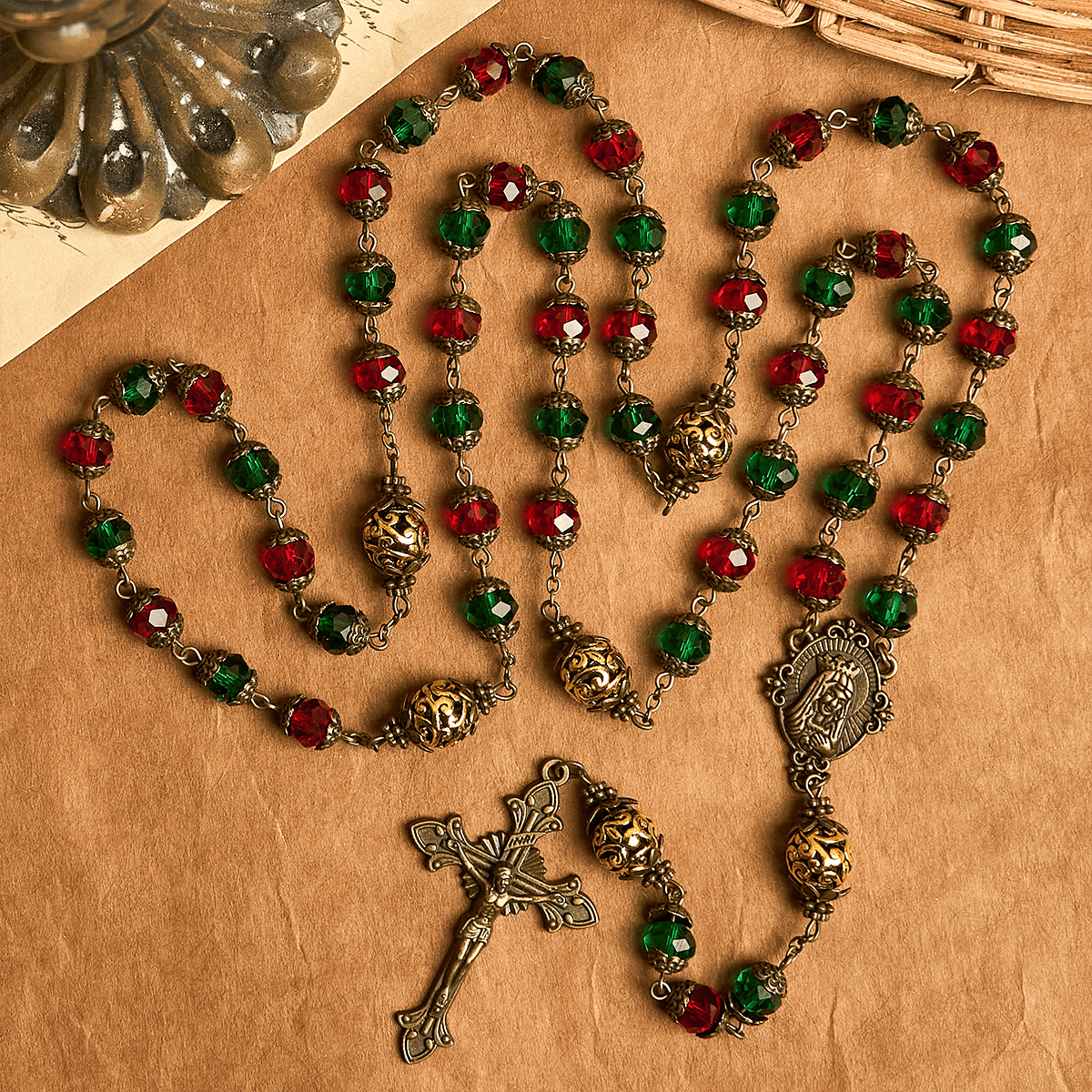 Joy of Christmas Red & Green Festive Beads Rosary with Virgin Mary