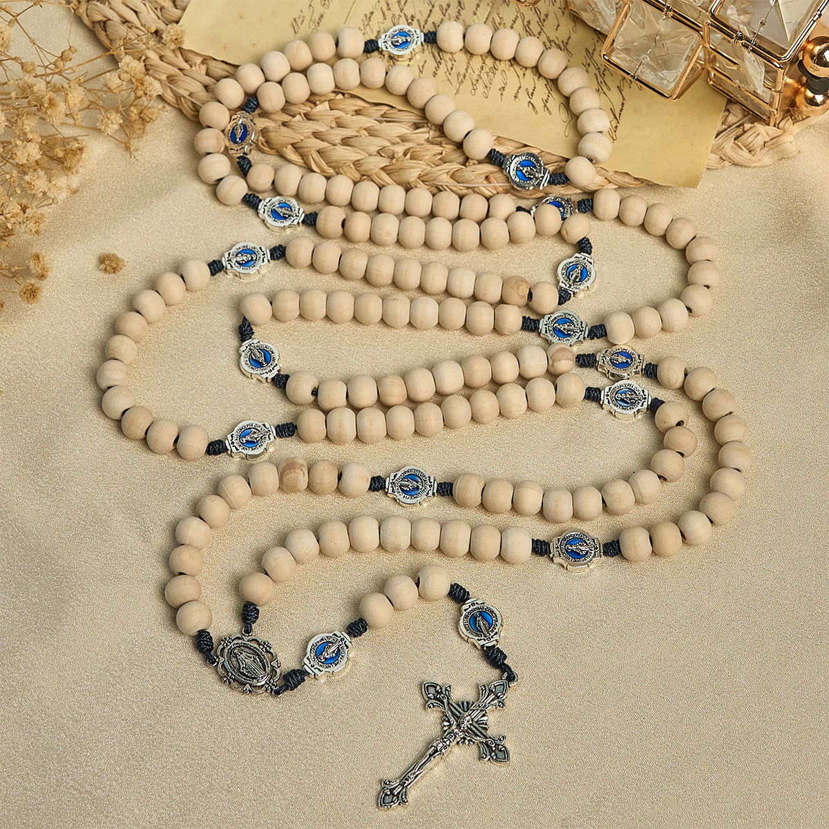 Traditional Ivory Bead Fifteen Decade Prayer Rosary with Miraculous Medal