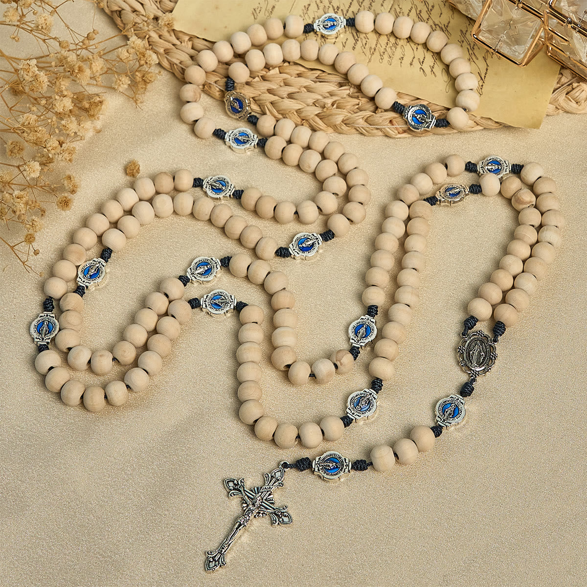 Traditional Ivory Bead Fifteen Decade Prayer Rosary with Miraculous Medal