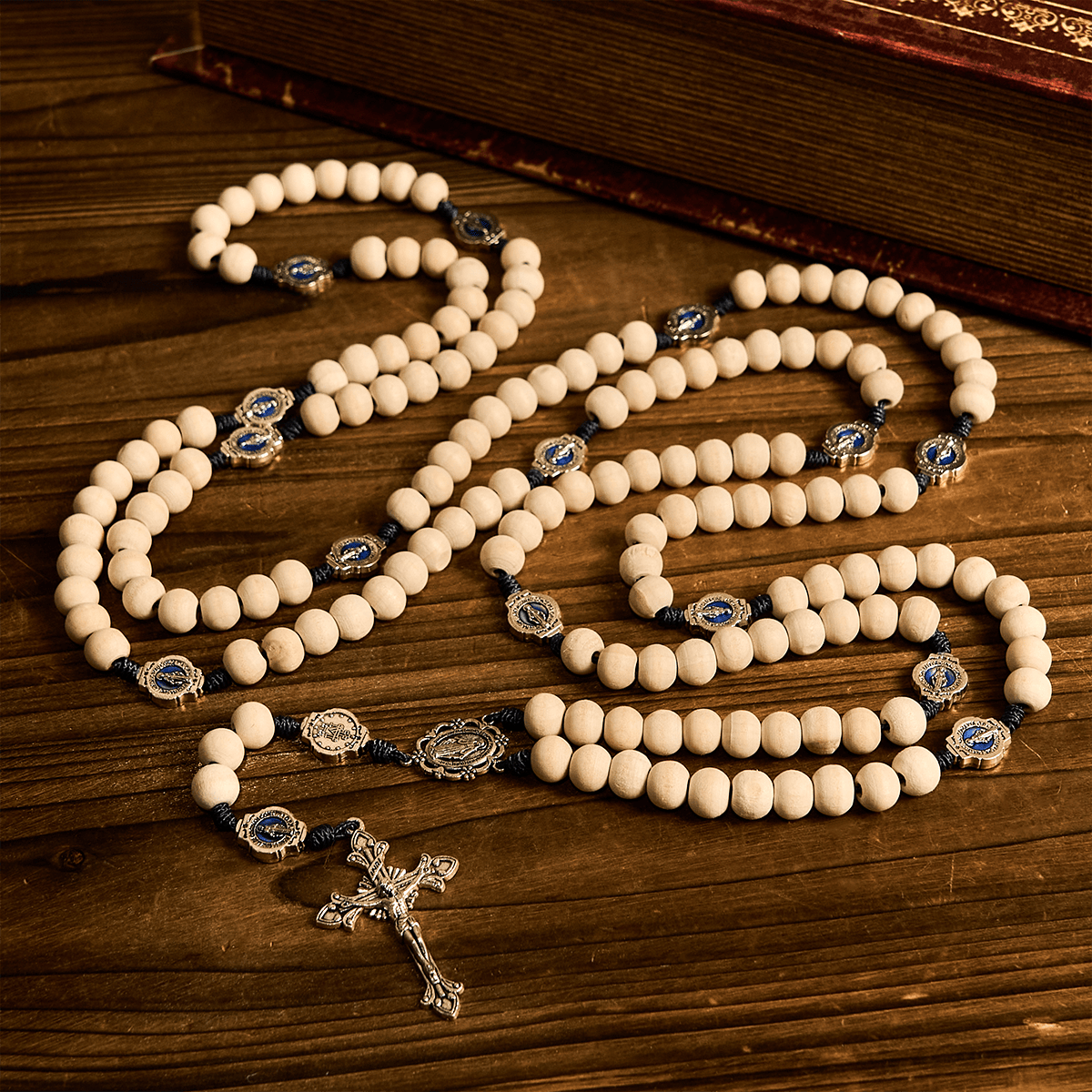 Traditional Ivory Bead Fifteen Decade Prayer Rosary with Miraculous Medal