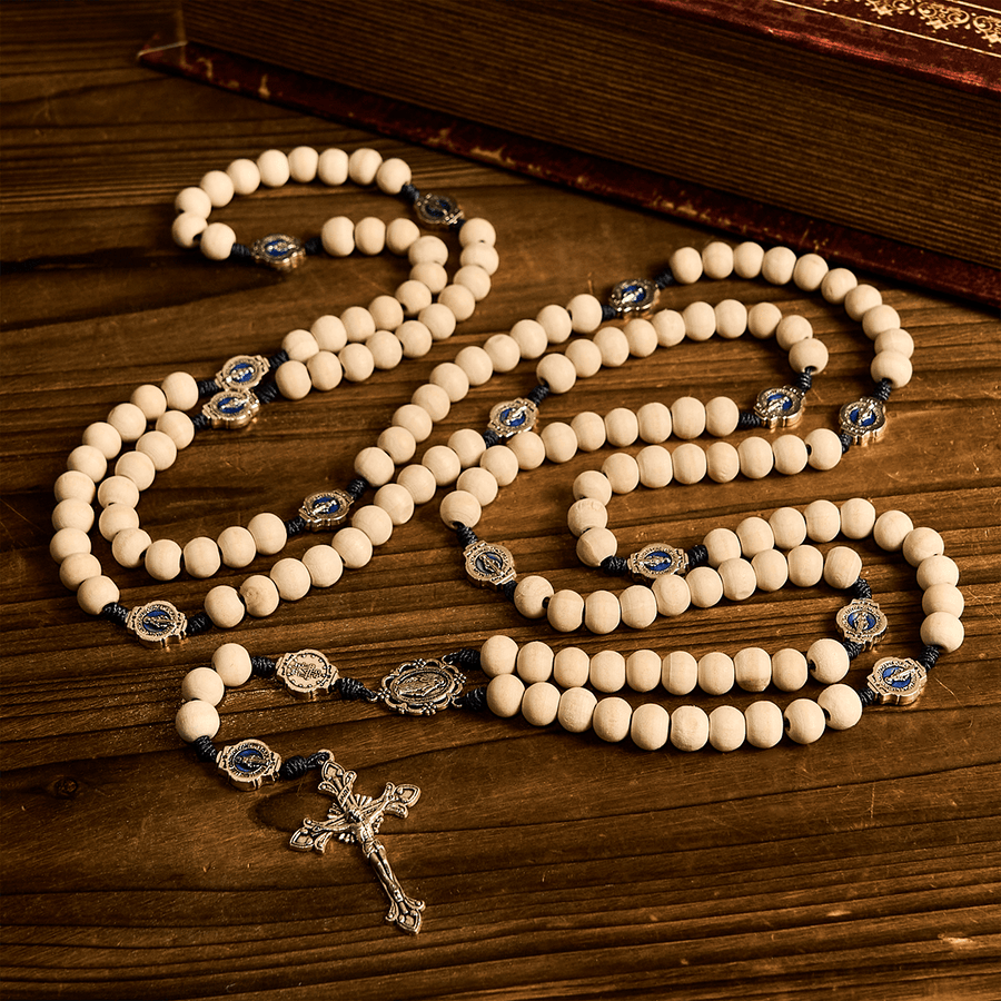 Traditional Ivory Bead Fifteen Decade Prayer Rosary with Miraculous Medal