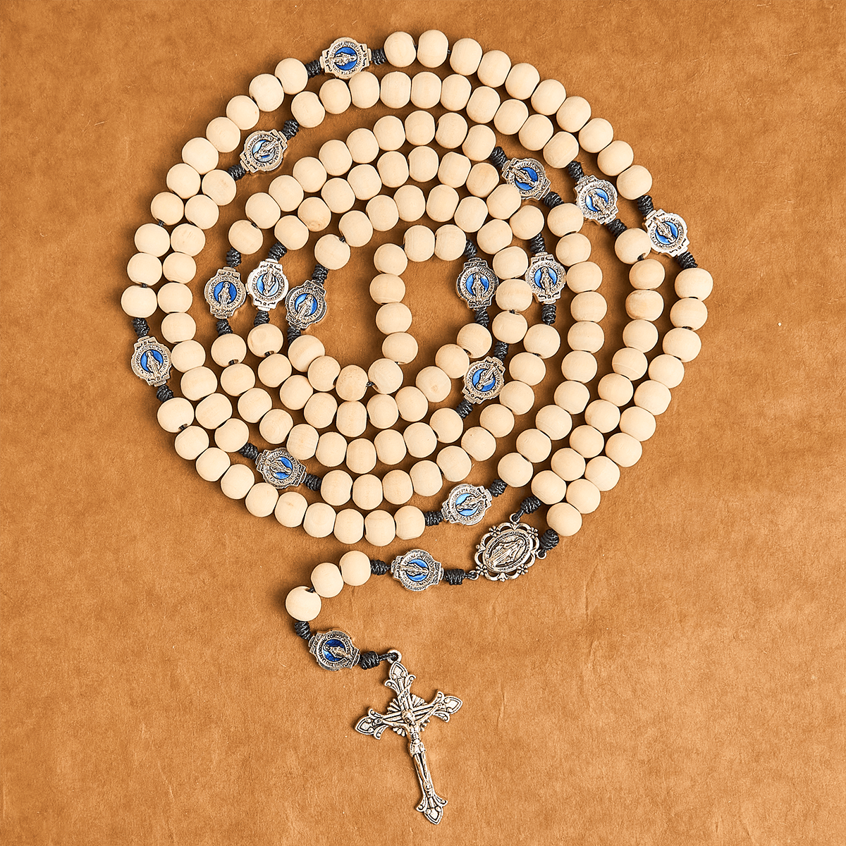 Traditional Ivory Bead Fifteen Decade Prayer Rosary with Miraculous Medal