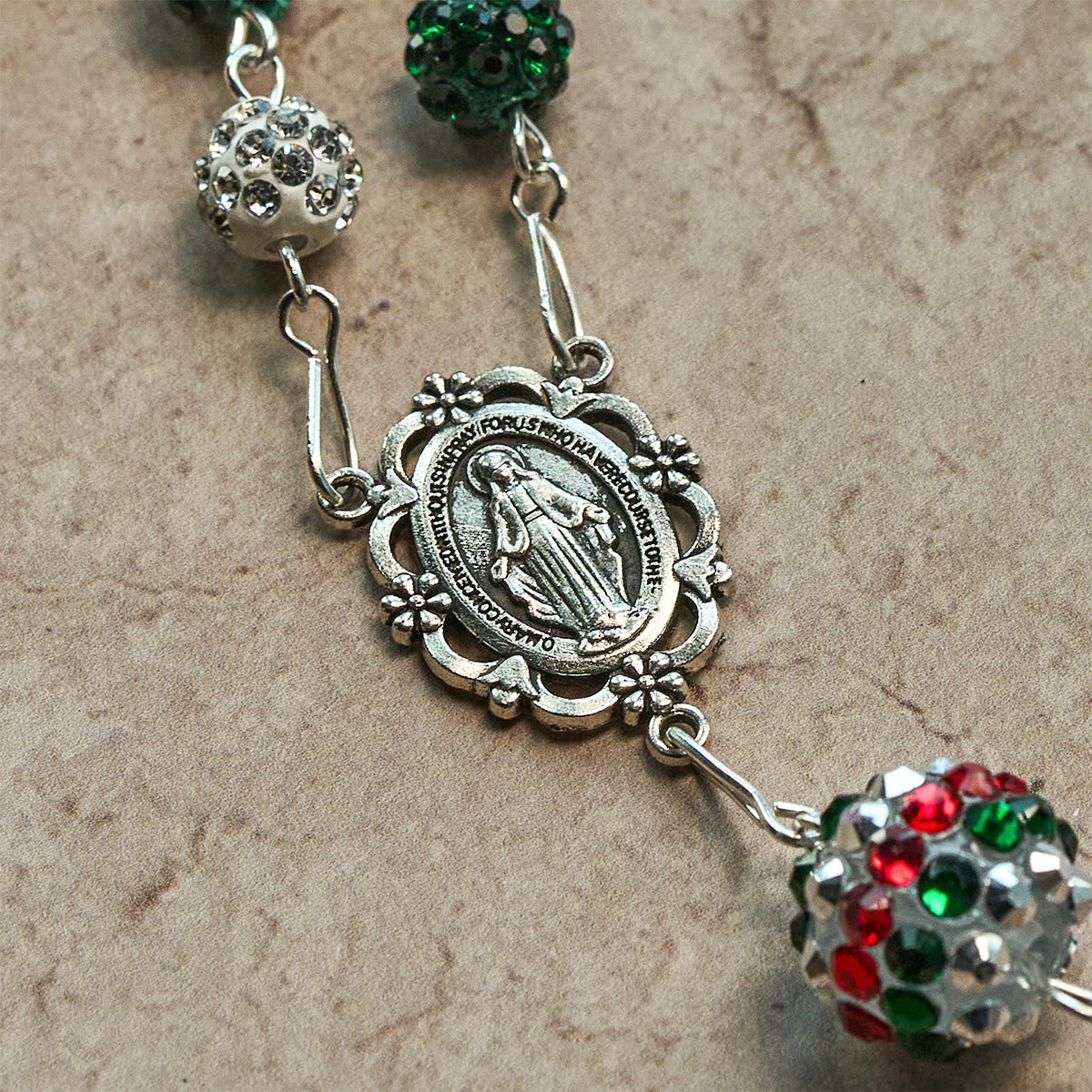 Christmas Gift: Crystal-Covered Tricolor Beads & Miraculous Medal Glam Sparkling Rosary