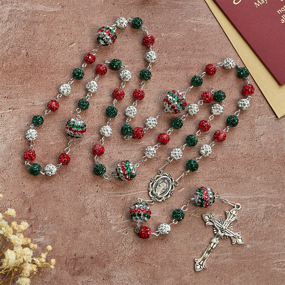 Christmas Gift: Crystal-Covered Tricolor Beads & Miraculous Medal Glam Sparkling Rosary