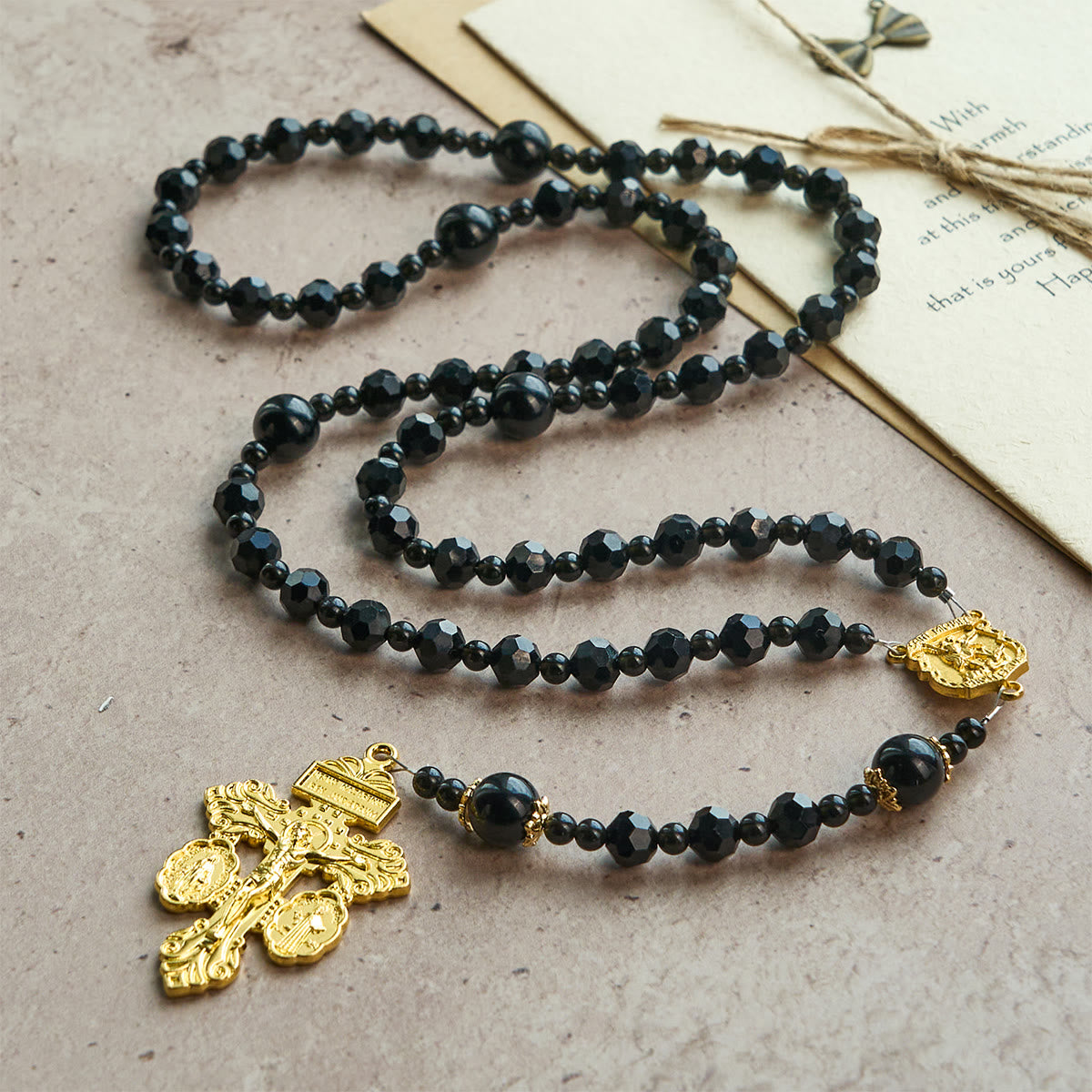St. Michael and Pardon Crucifix of Faceted Black Bead Handmade Rosary