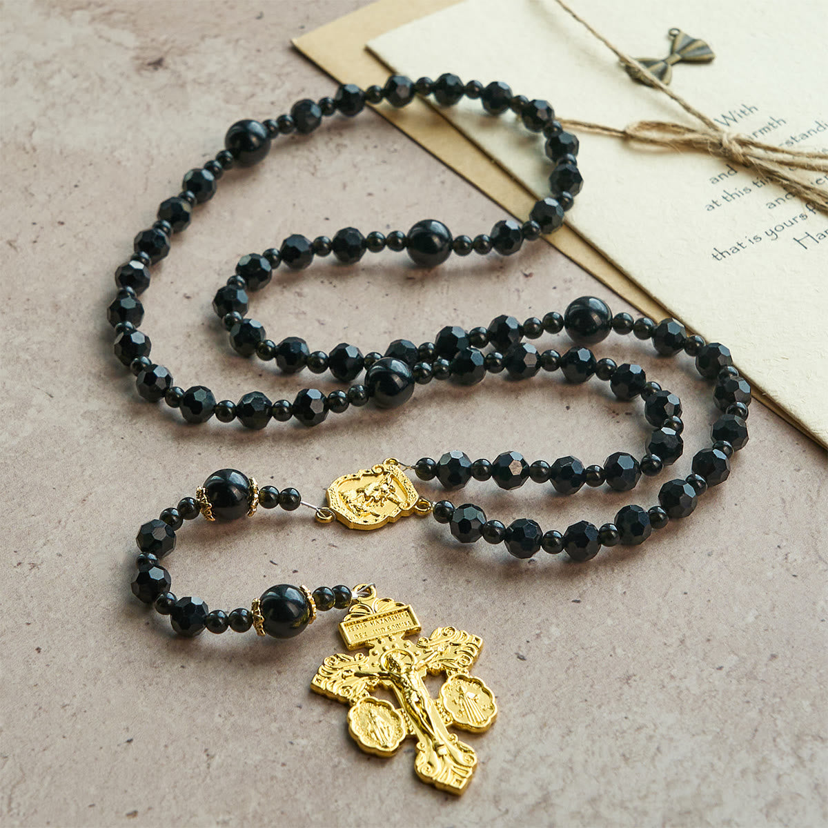 St. Michael and Pardon Crucifix of Faceted Black Bead Handmade Rosary