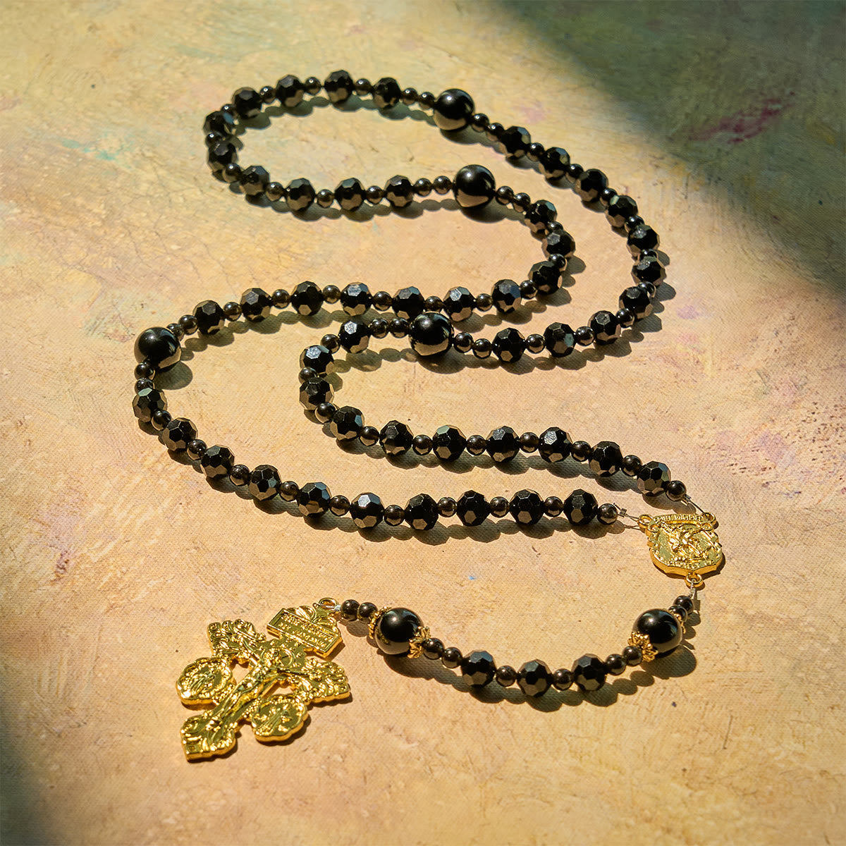 St. Michael and Pardon Crucifix of Faceted Black Bead Handmade Rosary